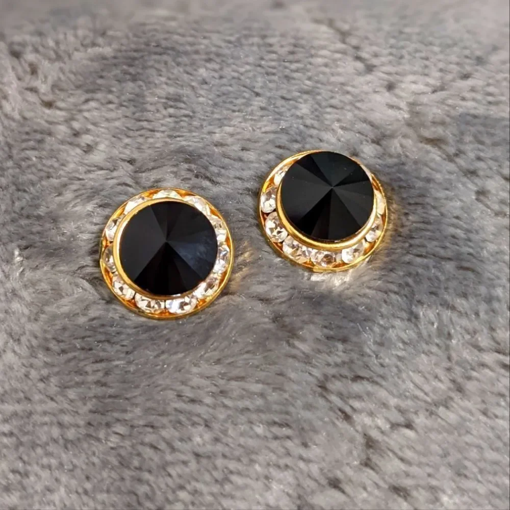 Vintage Eisenberg Ice Black & Clear Halo Crystal Button Pierced Earrings - Picture 5 of 10